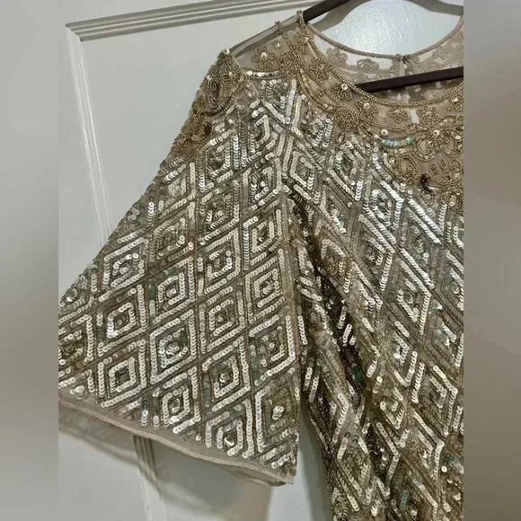 NWT Aidan Mattox Fully Beaded Trapeze Cocktail Dress in Champagne. Size 14 - Picture 6 of 14